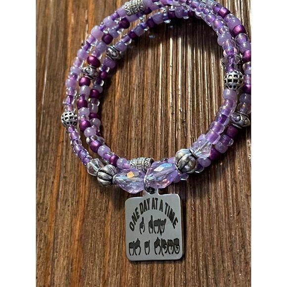 Hand made Purple beaded wrap charm bracelet, sign language bracelet, Memory wire - Picture 3 of 4